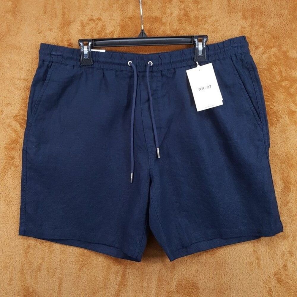 NN07 Shorts Mens XL Solid Navy Blue Drawstring 100% Linen GREGOR $170